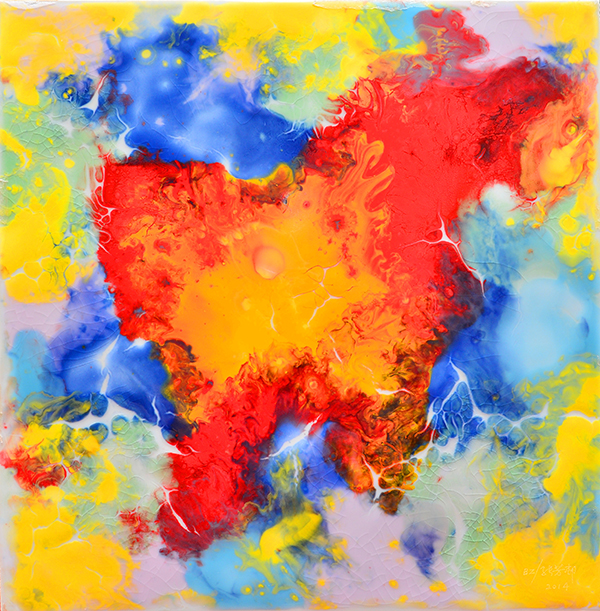 2BZ艺术原创瓷板·创世纪2号作品，BZ介质瓷板55cm×55cm，2014年创作 祥云中飞出的宇宙卫士——火红的金狮，.jpg